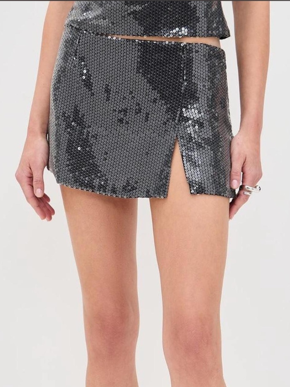 Miaou Silver and Black Sequin Mini Skirt with Front Slit